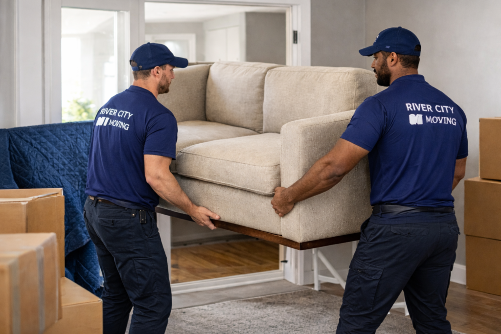 River City Moving crew carefully carrying a sofa during a residential move in Dieppe NB