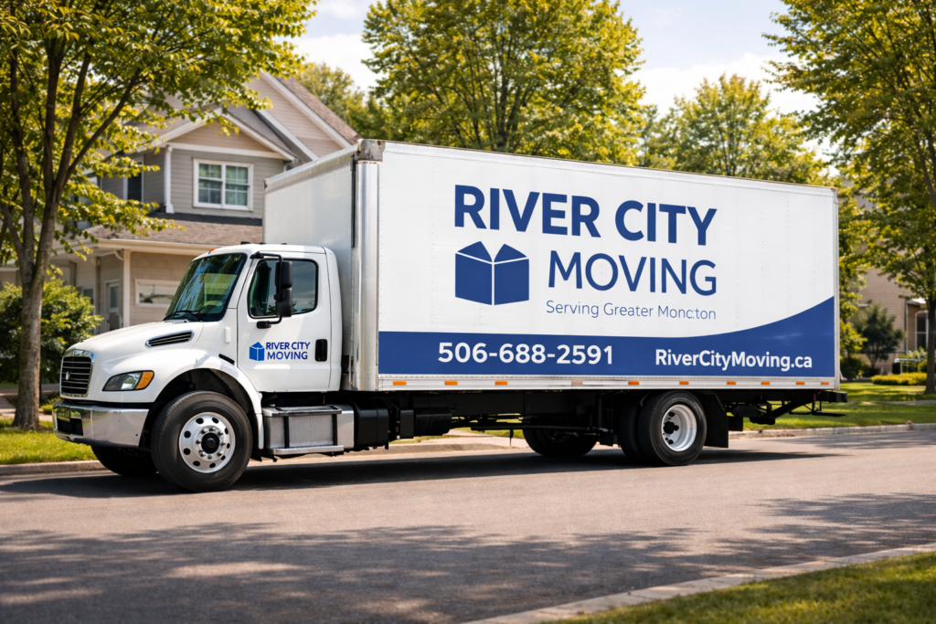 River City Moving truck parked in a Dieppe neighbourhood serving Greater Moncton