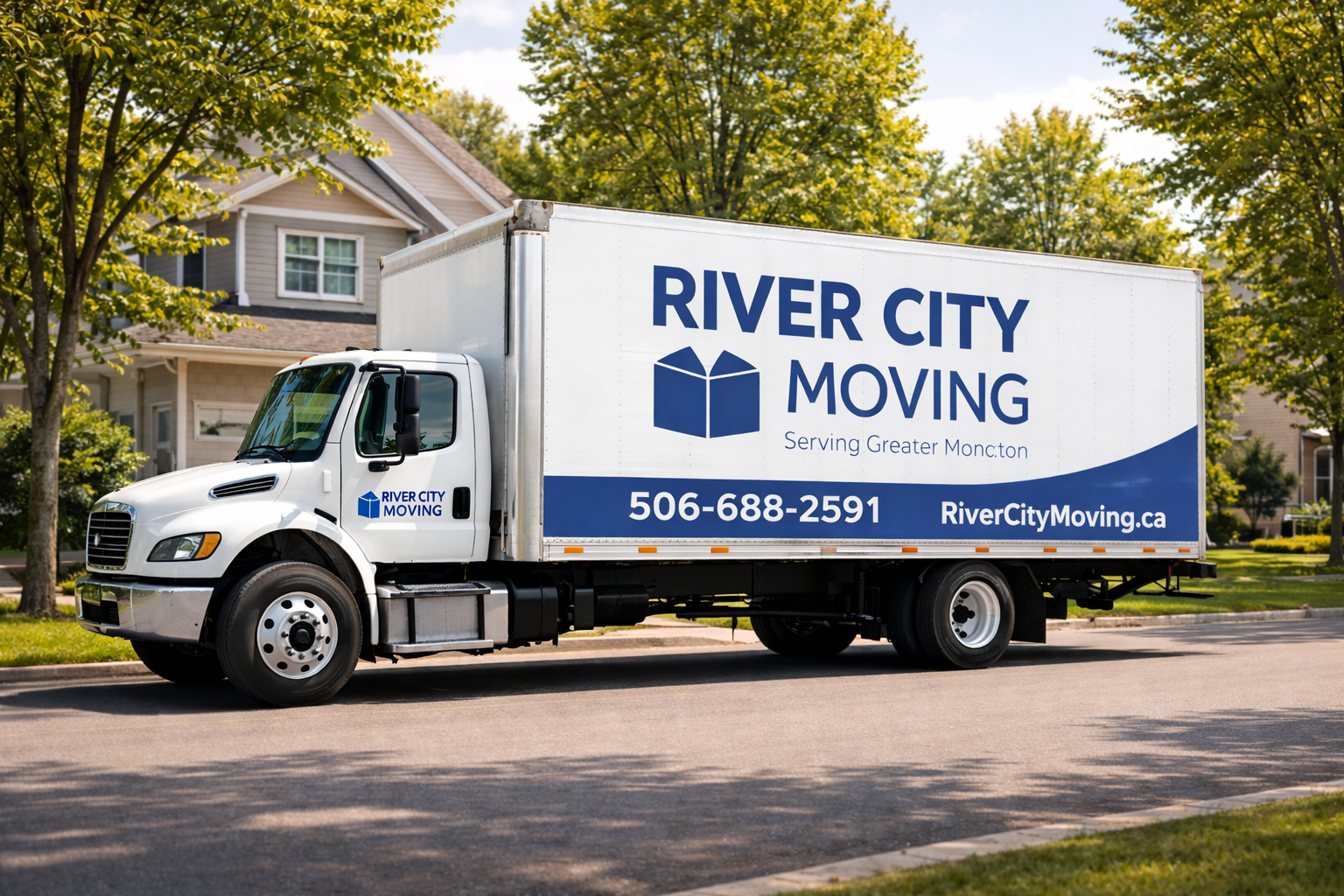 Moving company Moncton branded truck in residential neighborhood