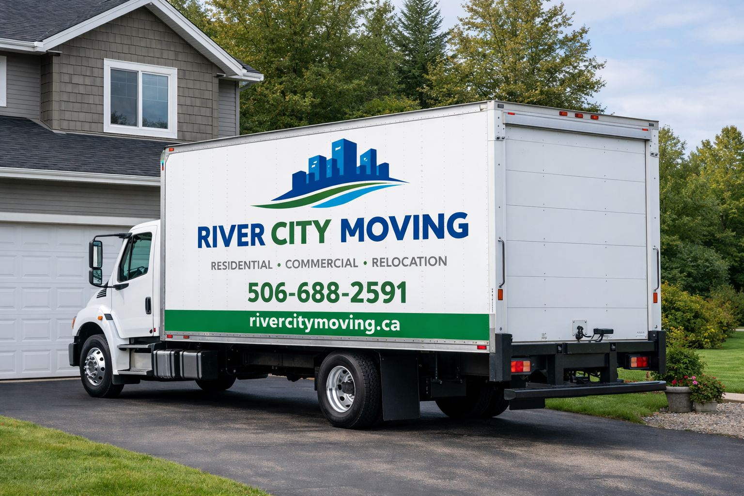 Moving services New Brunswick branded truck in residential neighborhood