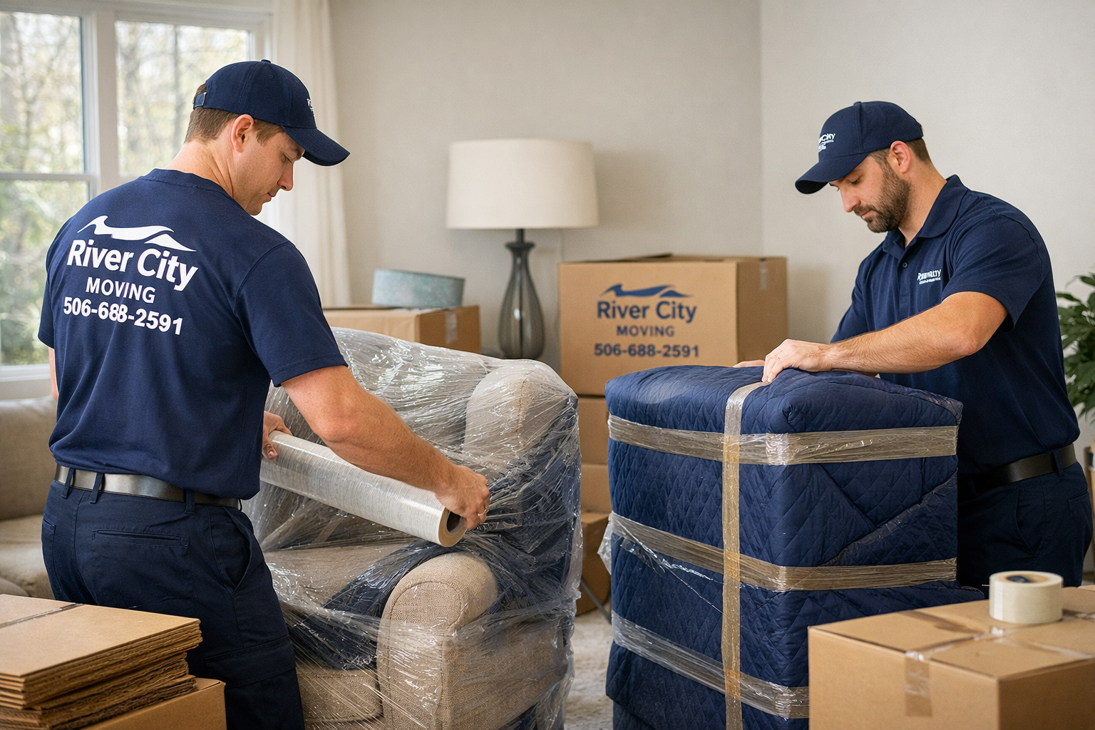 Full service moving Moncton team professionally protecting furniture during structured relocation