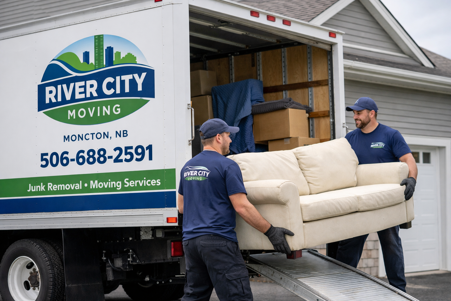 Professional junk removal in Moncton removing household furniture safely into branded River City Moving truck