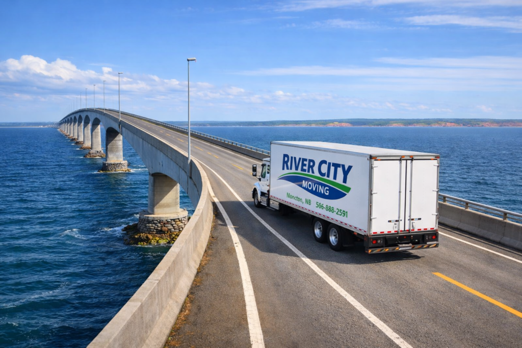 Moving services between Moncton and Charlottetown with River City Moving truck crossing the Confederation Bridge