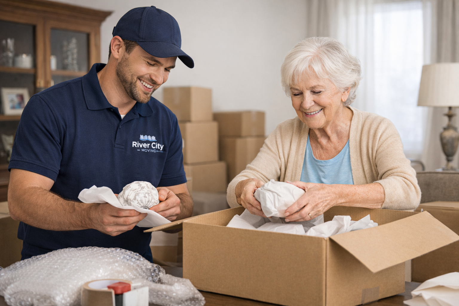Senior moving services Moncton team assisting with careful packing for an elderly client